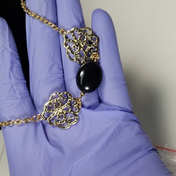 Women's Gold Statement 38" Long Necklace w/ Black, White Beads & Filigree Discs - Picture 4 of 6